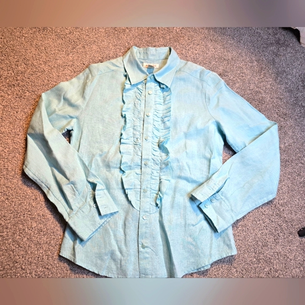 Harold's 100% Linen Button Down Top Ruffle Lace Pastel Cottagecore